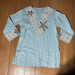 Barbara Gerwit Coastal Tunic Beaded Sequin V Neck Linen Beach Vacation Nautical